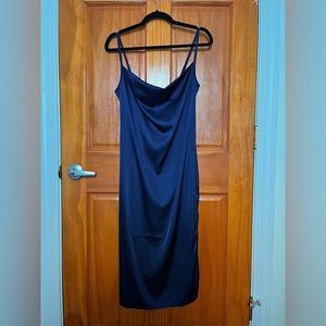 Navy Blue Satin Midi Dress